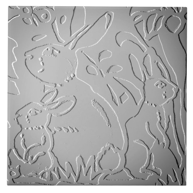 Grey Ombre Rabbit Woodland Embossed Floral Nature Ceramic Tile (Front)