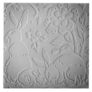 Grey Ombre Rabbit Woodland Embossed Floral Nature Ceramic Tile