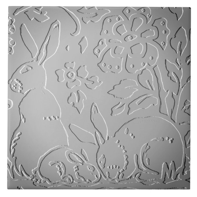 Grey Ombre Rabbit Woodland Embossed Floral Nature Ceramic Tile (Front)