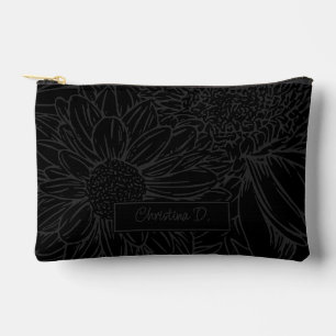 Grey on Black Chrysanthemums with Name Accessory Pouch