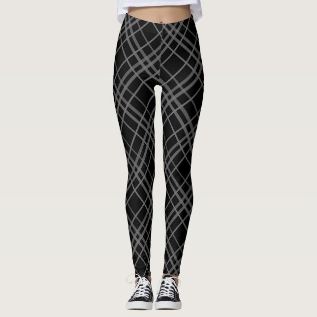 Grey On Black Tartan Plaid Pattern Design  Leggings (Front)