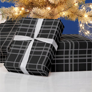 Grey On Black Tartan Plaid Pattern Design Wrapping Paper