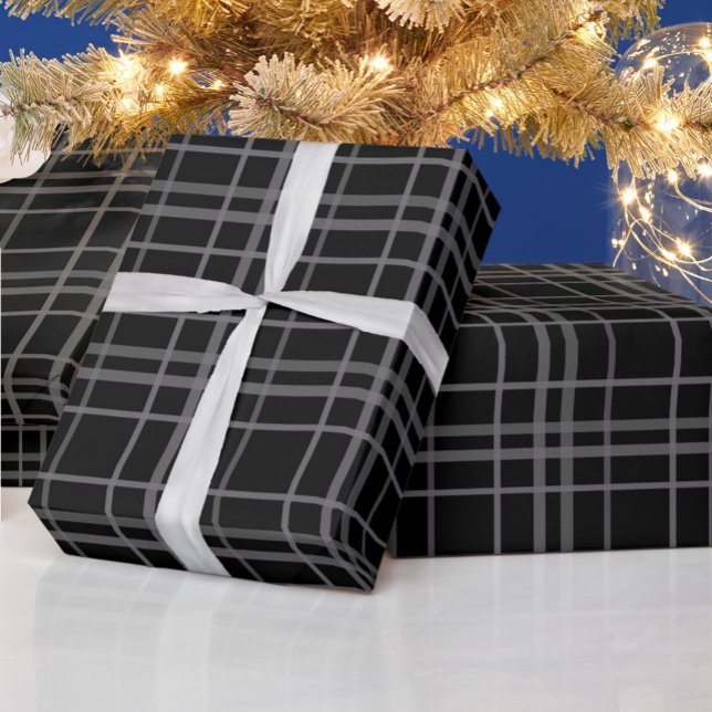 Grey On Black Tartan Plaid Pattern Design  Wrapping Paper (Creator Uploaded)