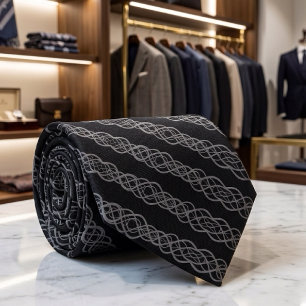 Grey On Black Twisted Curvy Line Drawing Pattern Tie