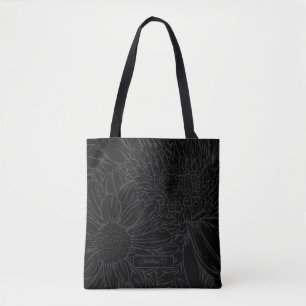 Grey on Black with Name and Chrysanthemums Tote Bag