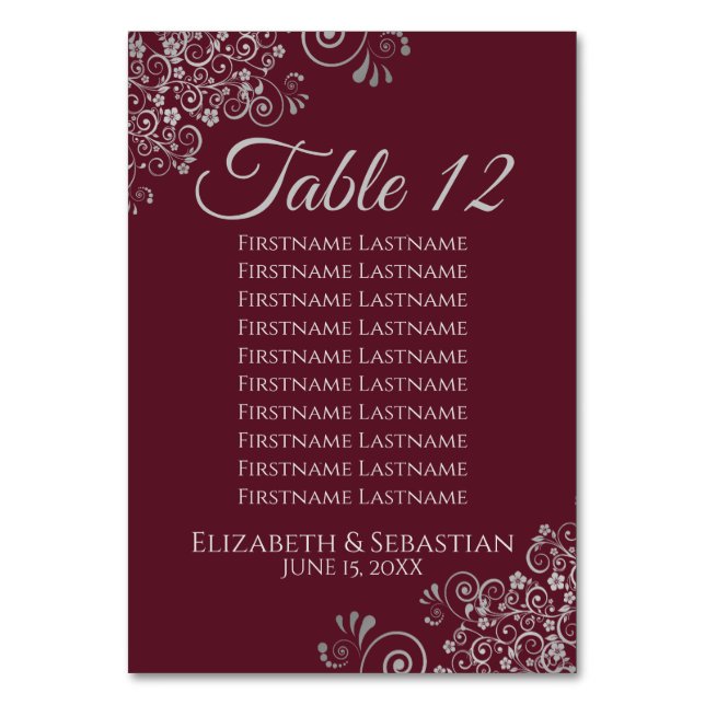 Grey on Burgundy Elegant Wedding Seating Chart Table Number (Front)