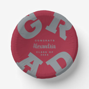 Grey on Crimson Red Graduation Paper Plate