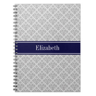 Grey on Grey Damask #3 Navy Blue Name Monogram Notebook