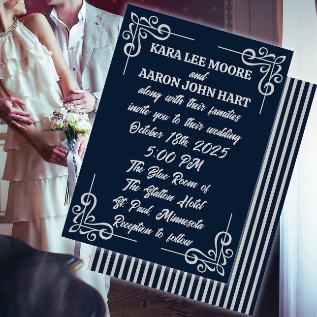 Grey on Slate Blue Edwardian Wedding Invitation (Creator Uploaded)