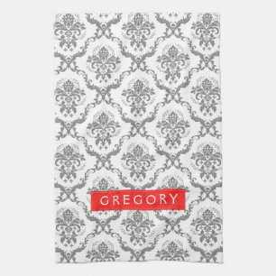 Grey On White Floral Damasks Tea Towel
