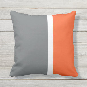 Grey Orange and White Striped Outdoor Throw Pillow