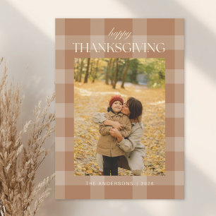 Grey Orange Autumn Plaid Happy Thanksgiving Photo Holiday Card