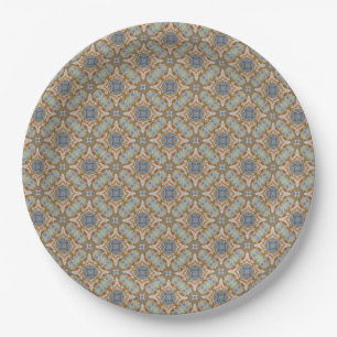 Grey, Orange, Blue Diamond Tiled Pattern Paper Plate