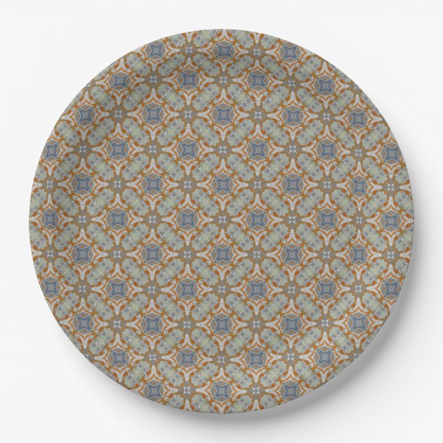 Grey, Orange, Blue Diamond Tiled Pattern Paper Plate (Front)