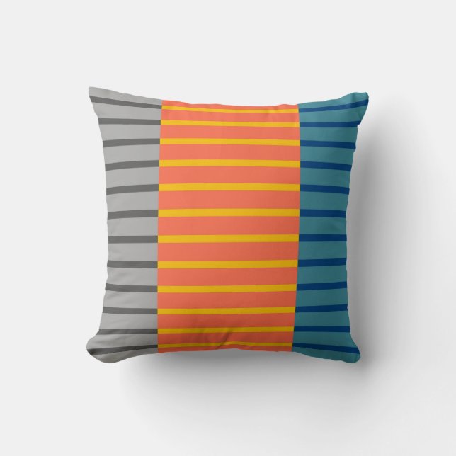 Grey, Orange, Blue Stripes Art Design Abstract Cushion (Front)