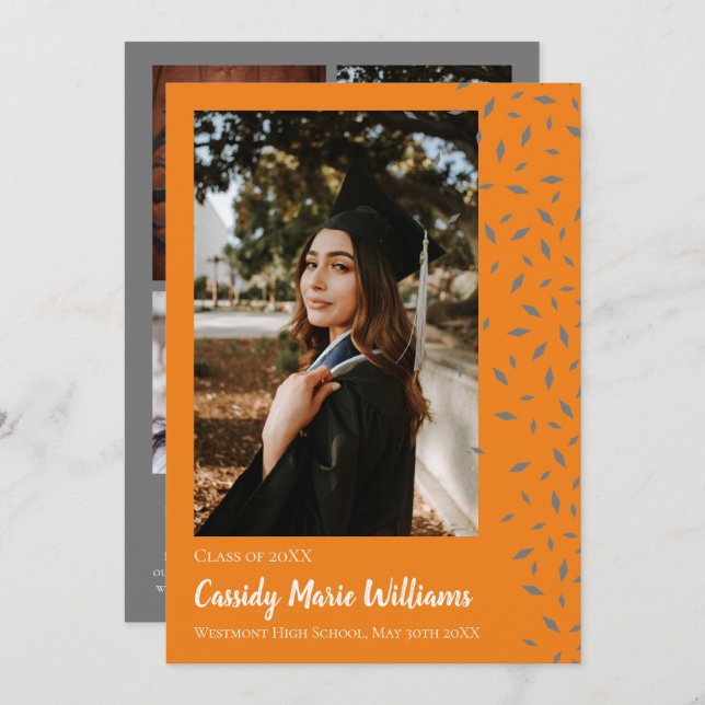Grey Orange Confetti Graduation Announcement (Front/Back)
