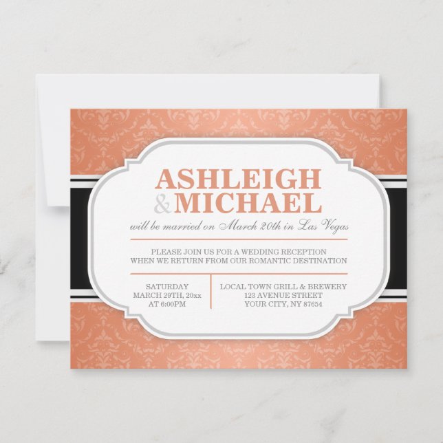 Grey & Orange Damask Wedding Reception ONLY Invitation (Front)