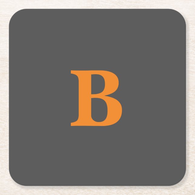 Grey orange modern monogrammed professional square paper coaster (Front)