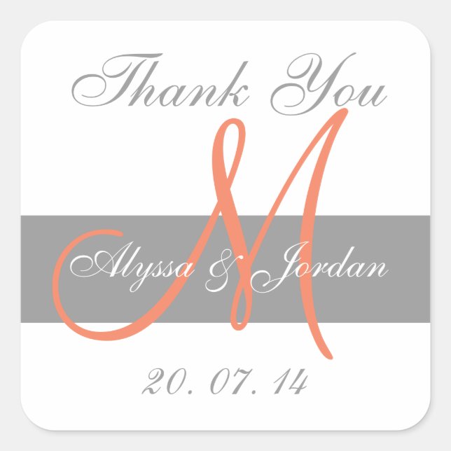 Grey Orange Monogram Names Wedding Favour Label (Front)