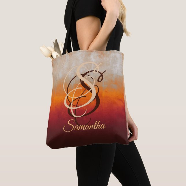 Grey Orange Red Burgundy rustic monogram ombre Tote Bag (Close Up)