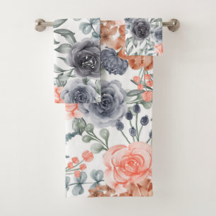 Grey orange trendy floral  bath towel set