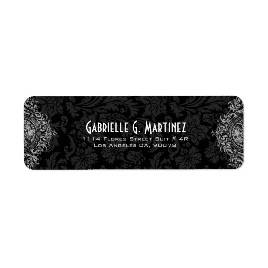 Grey Ornament & Black Floral Damask Pattern 2 Return Address Label