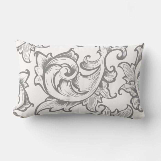Grey Ornate Greek Leaves Scrolls Lumbar Cushion (Front)