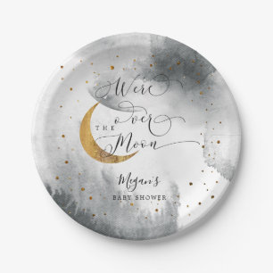 Grey Over the Moon Gold Stars Baby Shower  Paper Plate