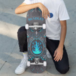 Grey Owl Cool Modern Custom Personalised Name Skateboard<br><div class="desc">Grey Owl Cool Modern Custom Personalised Name Skateboard features your personalised name in modern blue typography with grey owls and blue fire on a dark grey background. Personalise by editing the text in the text box provided. Give a custom made gift, personalised skateboard to your favourite skateboarder for Christmas, birthday...</div>