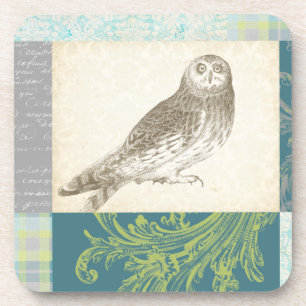 Grey Owl on Pattern Background Coaster