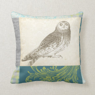 Grey Owl on Pattern Background Cushion