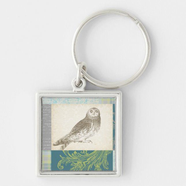 Grey Owl on Pattern Background Key Ring (Front)