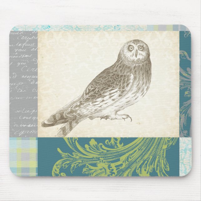 Grey Owl on Pattern Background Mouse Pad (Front)