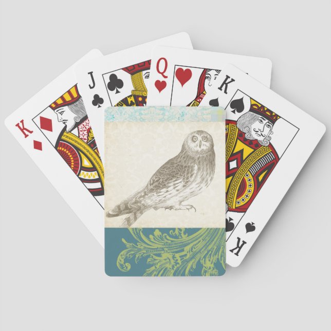 Grey Owl on Pattern Background Playing Cards (Back)