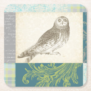 Grey Owl on Pattern Background Square Paper Coaster