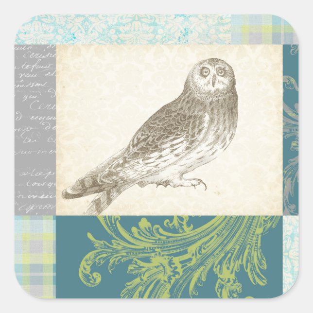 Grey Owl on Pattern Background Square Sticker (Front)