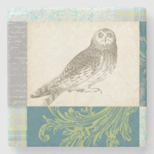 Grey Owl on Pattern Background Stone Coaster
