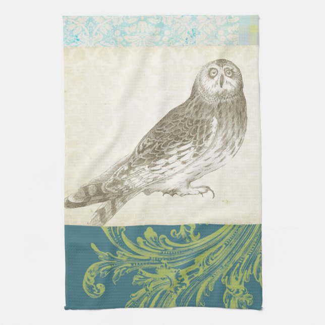Grey Owl on Pattern Background Tea Towel (Vertical)