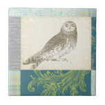 Grey Owl on Pattern Background Tile<br><div class="desc">Feeling artsy? Get this contemporary drawing of a grey owl on a collage-inspired background. The background is colourful and includes tones of blue,  grey and green. This fine art print will brighten any living room,  bathroom or bedroom.</div>