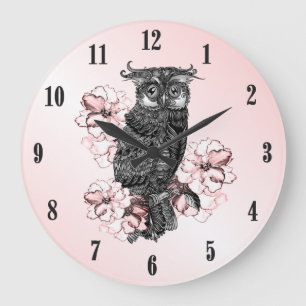 Grey Owl Pink Orchids Black Numbers Large Clock
