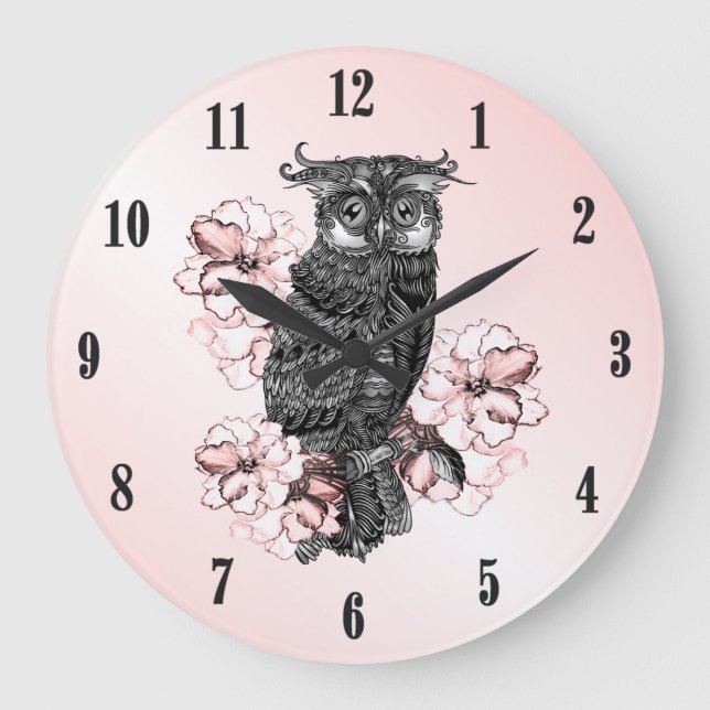 Grey Owl Pink Orchids Black Numbers Large Clock (Front)