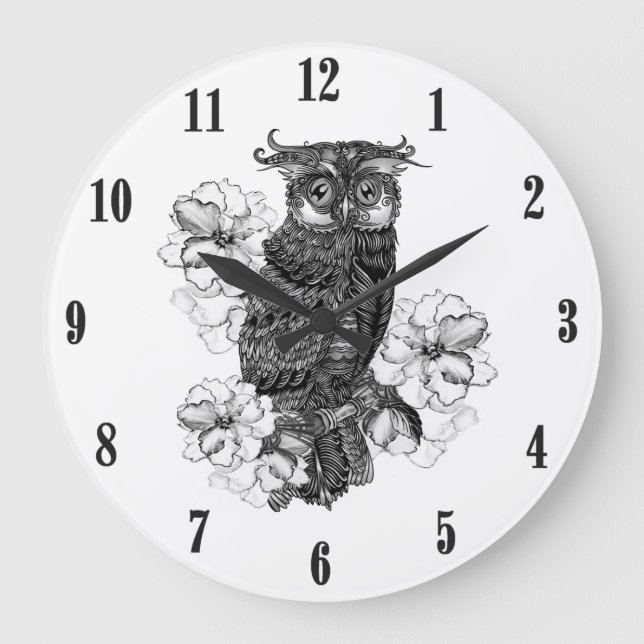 Grey Owl White Orchids Black Numbers Large Clock (Front)