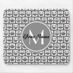 Grey Owls Pattern Custom Monogram, Personalised Mouse Pad