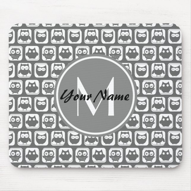 Grey Owls Pattern Custom Monogram, Personalised Mouse Pad (Front)