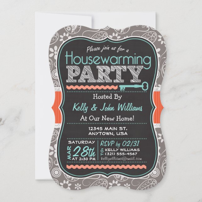 Grey Paisley; Chalkboard Housewarming Party Invitation (Front)