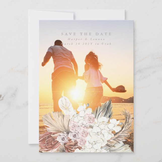 Grey Pampas Grass Floral Ultimate Tropical Jungle Save The Date (Front)