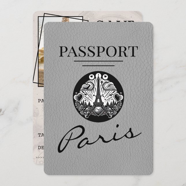 Grey Paris Passport Save The Date (Front/Back)