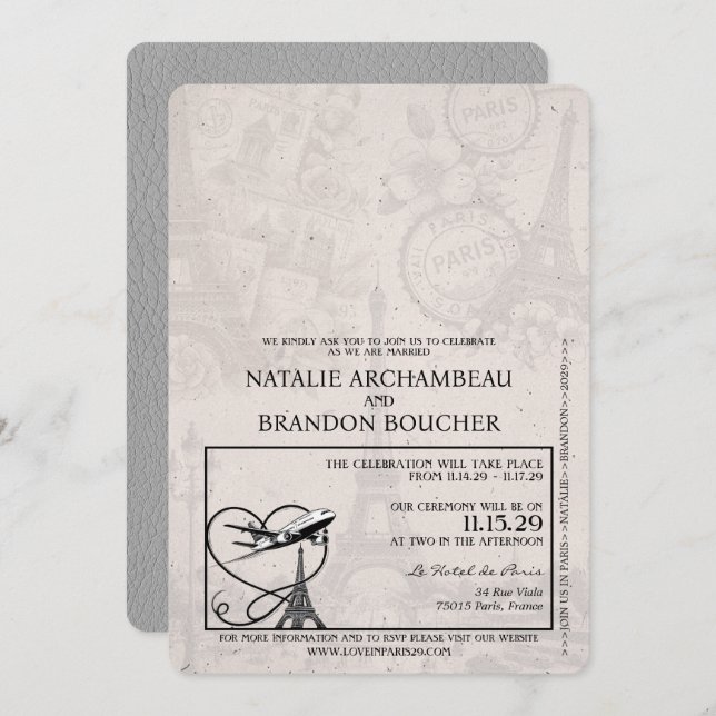 Grey Paris Passport Wedding Invitation (Front/Back)