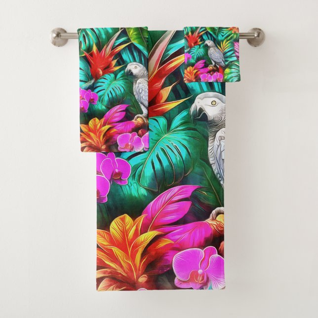 Grey Parrot Jungle Dreams Seamless Surface Pattern Bath Towel Set (Insitu)