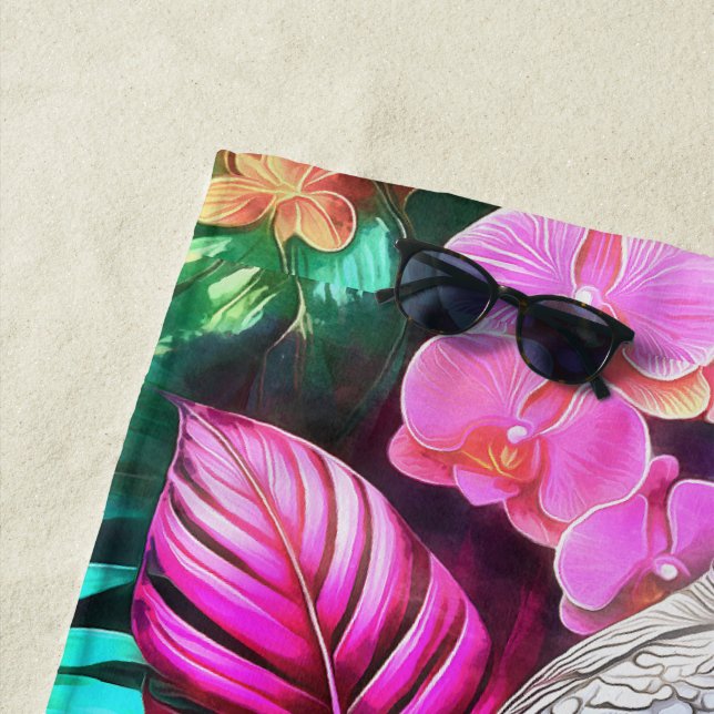 Grey Parrot Jungle Dreams Seamless Surface Pattern Beach Towel (In Situ)